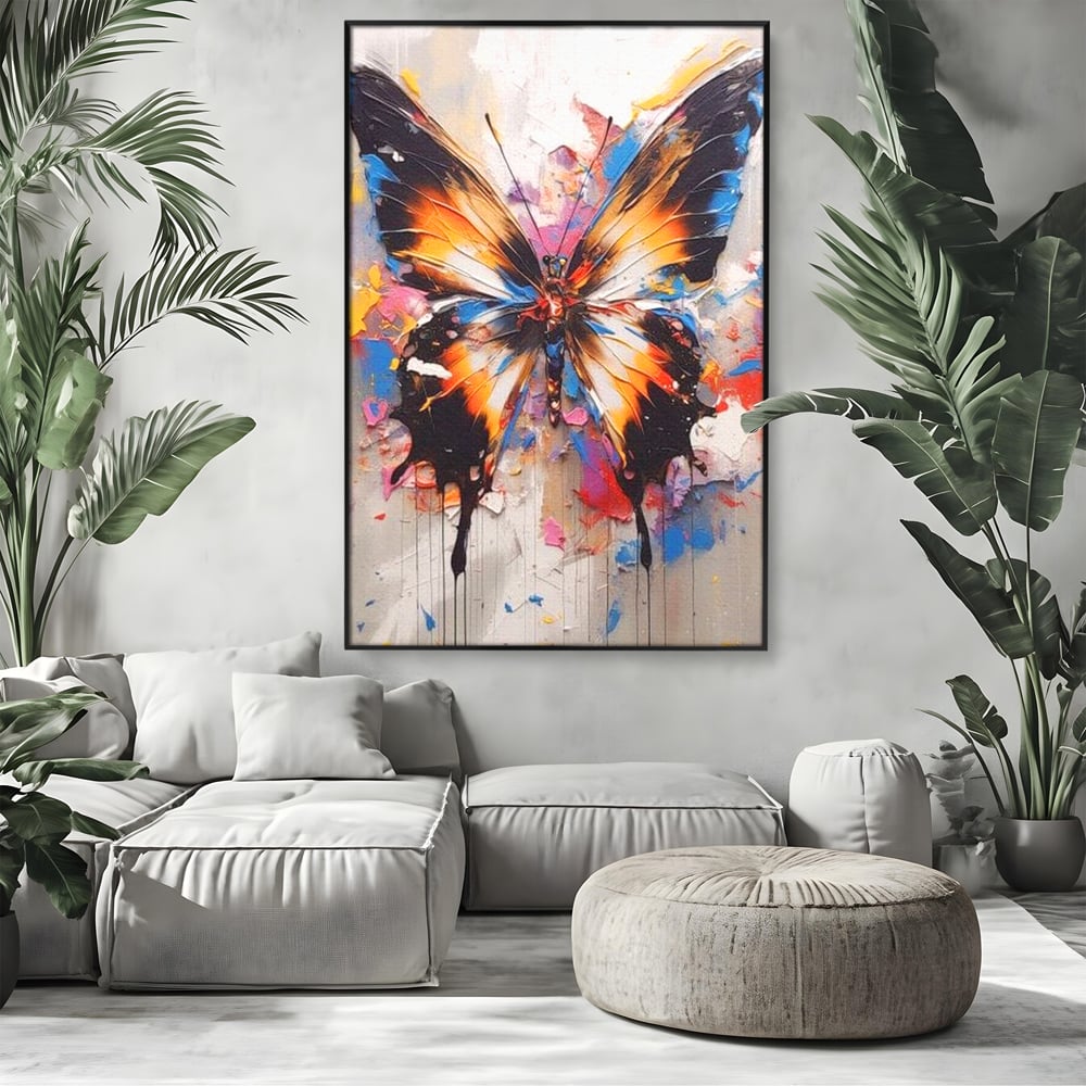 Tablou canvas cu tablou vertical cu fluture pictat, in rama de aluminiu negru, pe perete intr-un living